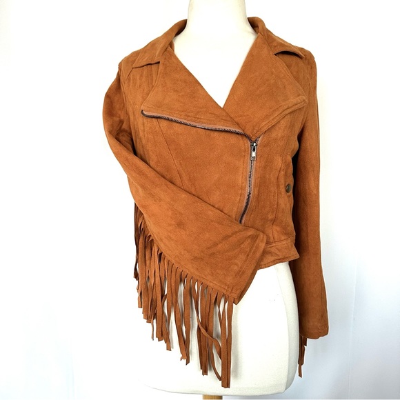 FAUX SUEDE FRINGE ASYMMETRICAL MOTO JACKET IN COGNAC BROWNISH-ORANGE Sz. LG/XL - Picture 4 of 12